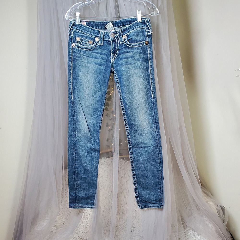 True Religion Y2K Streetwear Indie Jeans Blue Denim Skinny Leg 31x28 Size 27